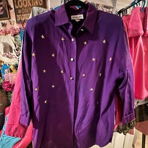 Vintage 80s/90s Purple Silk Blouse Gold Stars & Square Buttons